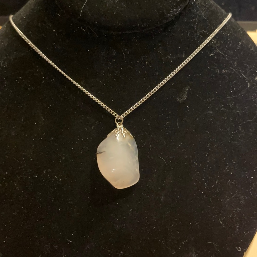 White opaque stone pendant silver toned necklace vintage